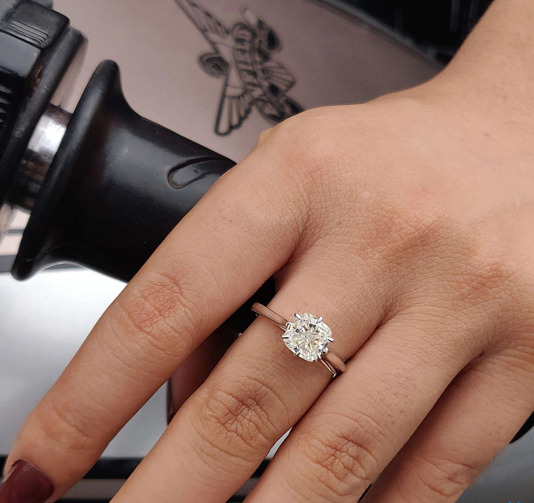 Moissanite Ring - Elegant Cushion Cut Solitaire Engagement Ring