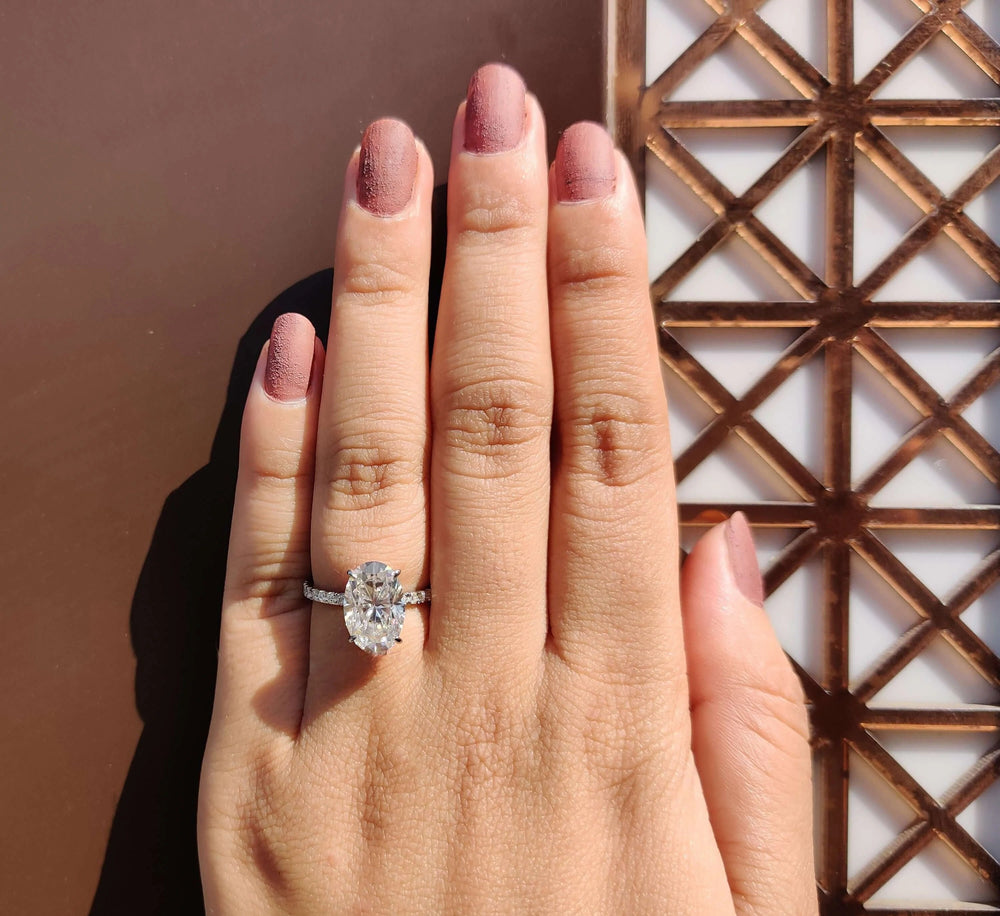 Moissanite Ring - Unique Crushed Ice Oval Engagement Ring with Halo