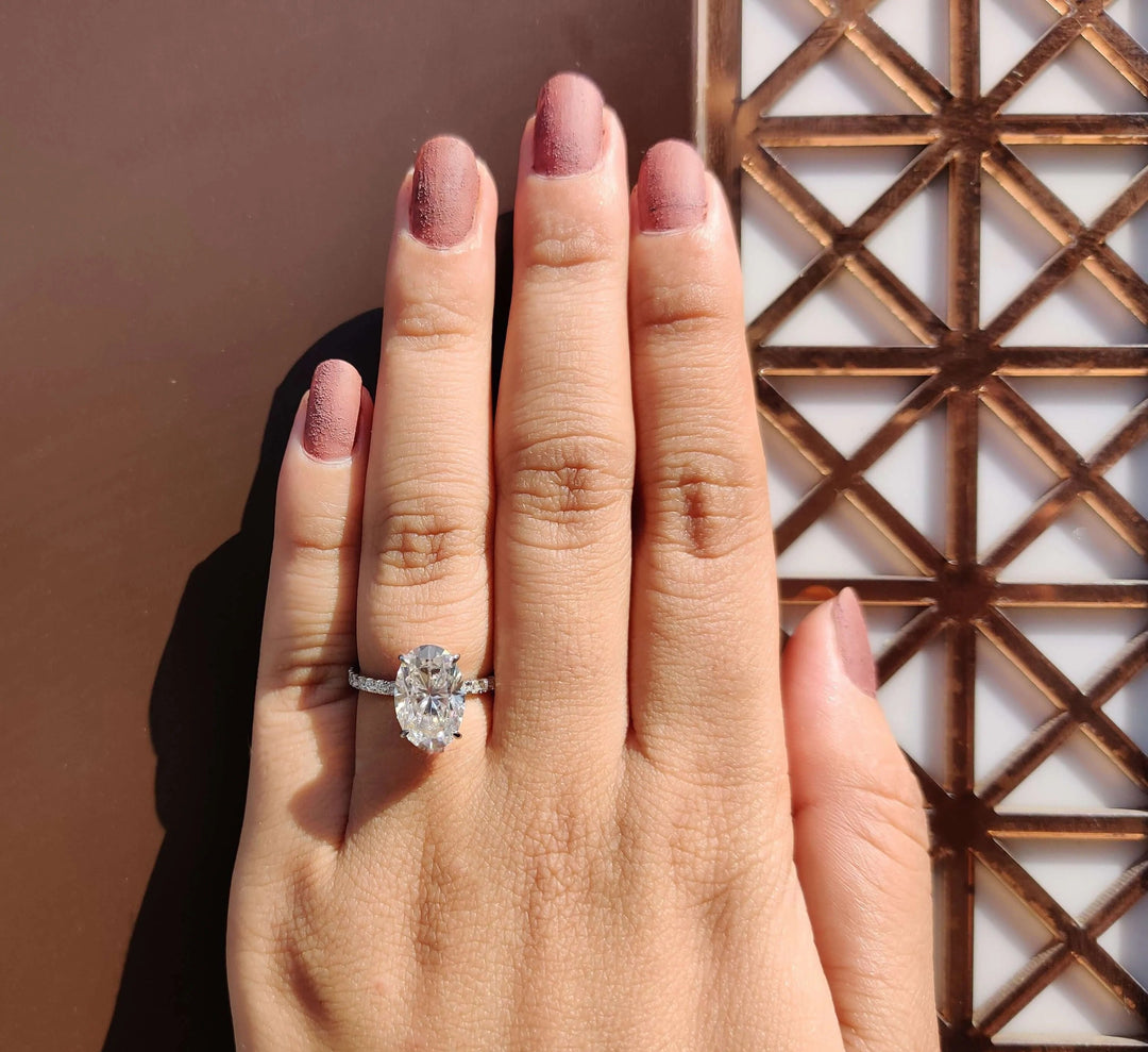 Moissanite Ring - Unique Crushed Ice Oval Engagement Ring with Halo
