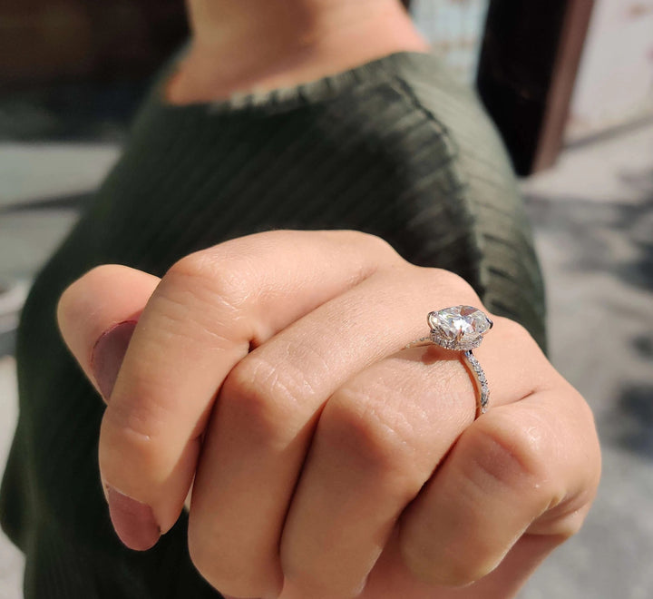 Moissanite Ring - Unique Crushed Ice Oval Engagement Ring with Halo