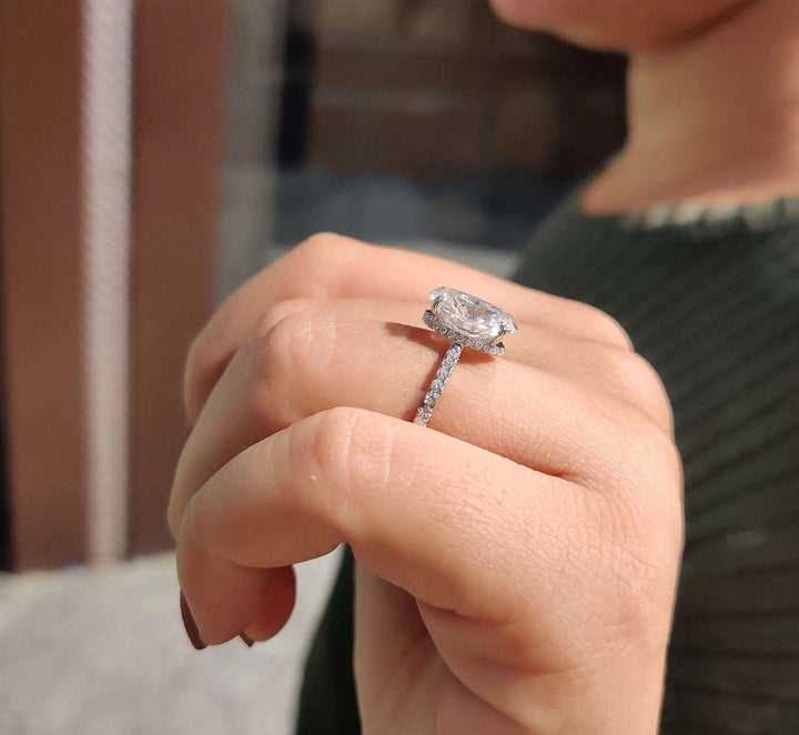 Moissanite Ring - Unique Crushed Ice Oval Engagement Ring with Halo