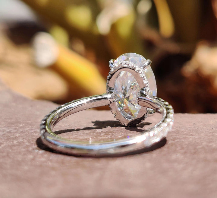 Moissanite Ring - Unique Crushed Ice Oval Engagement Ring with Halo