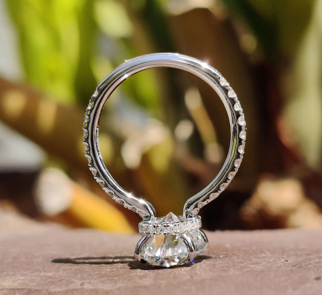 Moissanite Ring - Unique Crushed Ice Oval Engagement Ring with Halo