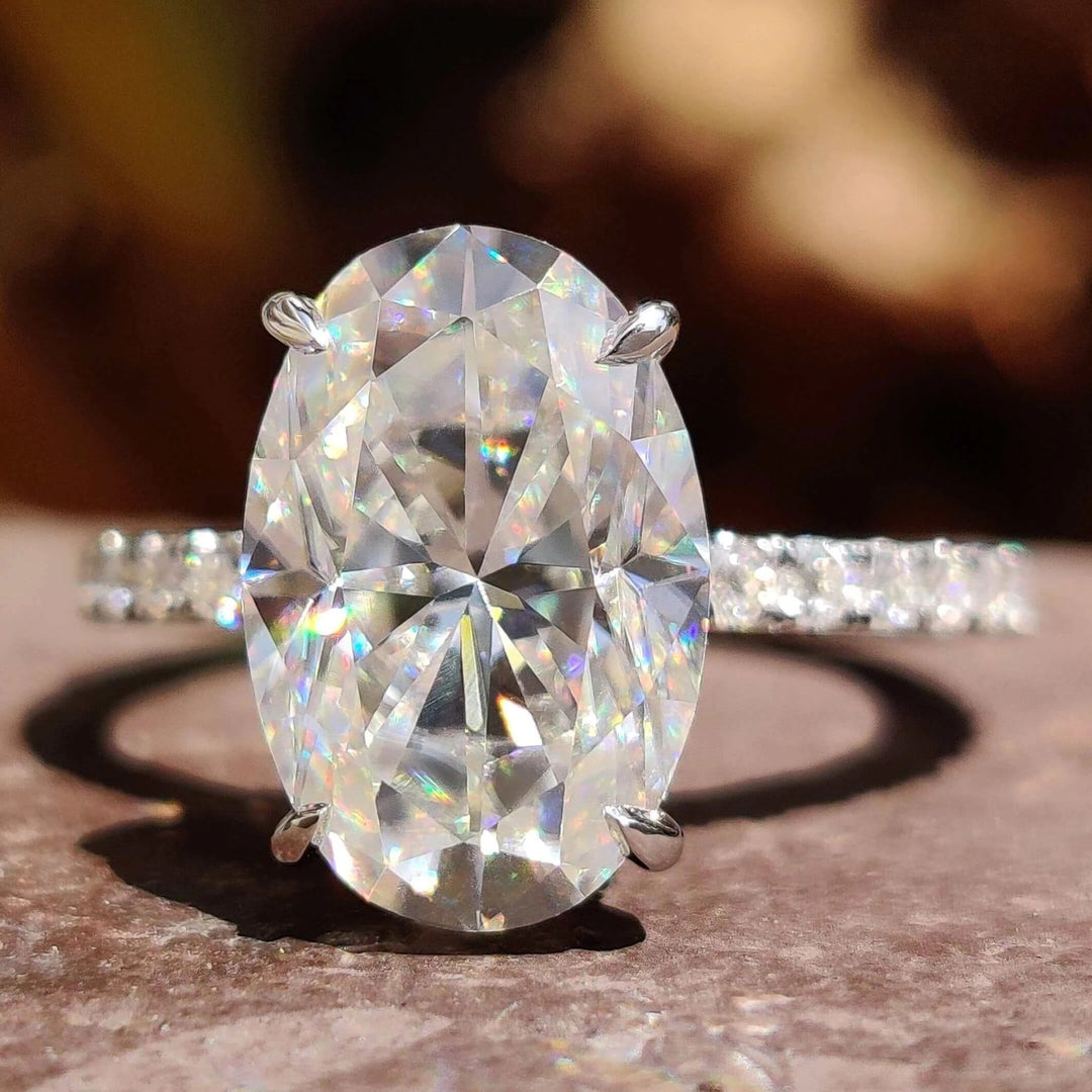 Moissanite Ring - Unique Crushed Ice Oval Engagement Ring with Halo