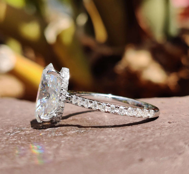 Moissanite Ring - Unique Crushed Ice Oval Engagement Ring with Halo