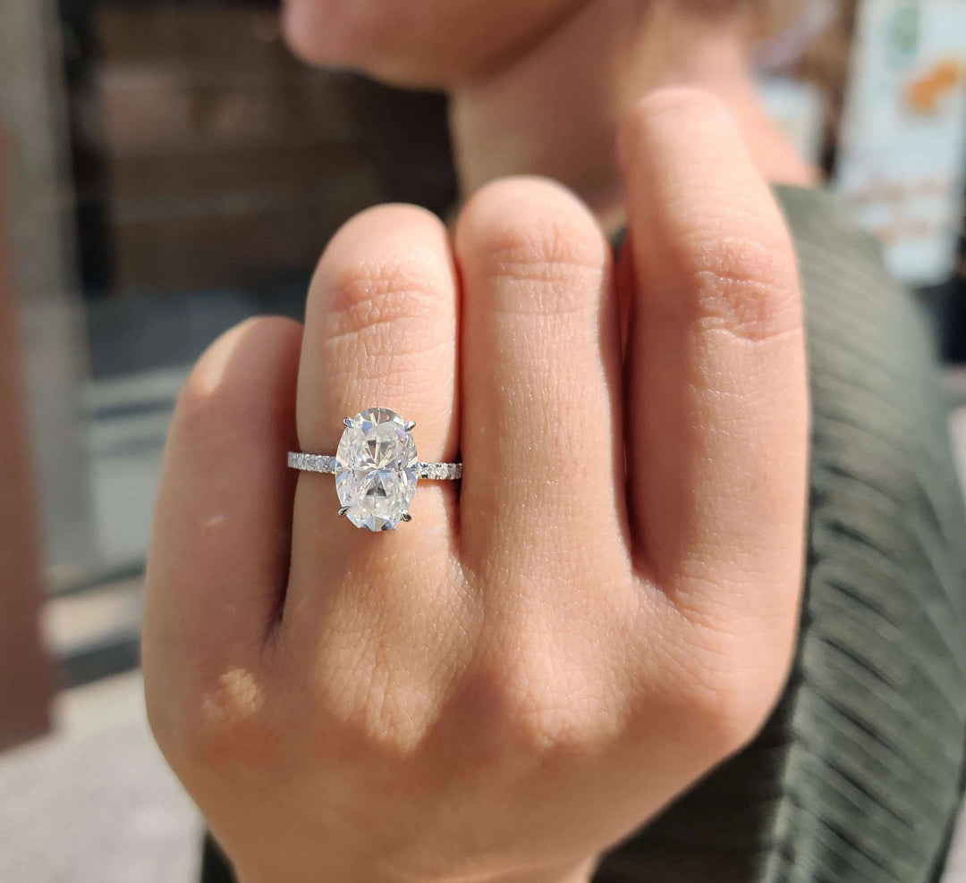 Moissanite Ring - Unique Crushed Ice Oval Engagement Ring with Halo