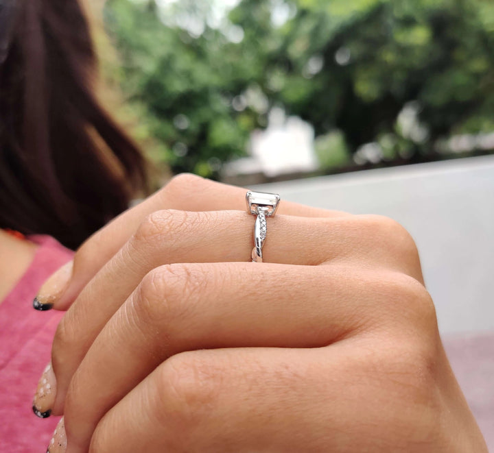 Moissanite Ring - Dazzling Emerald Cut Engagement Ring with Rope Band