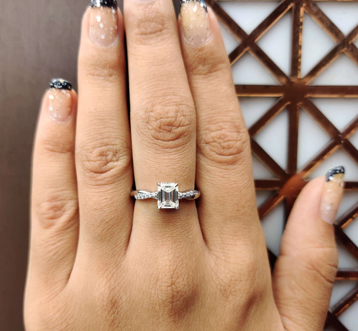 Moissanite Ring - Dazzling Emerald Cut Engagement Ring with Rope Band