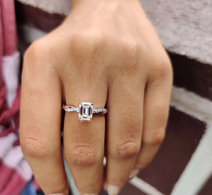 Moissanite Ring - Dazzling Emerald Cut Engagement Ring with Rope Band