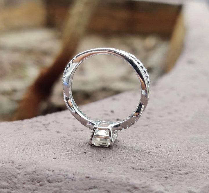 Moissanite Ring - Dazzling Emerald Cut Engagement Ring with Rope Band