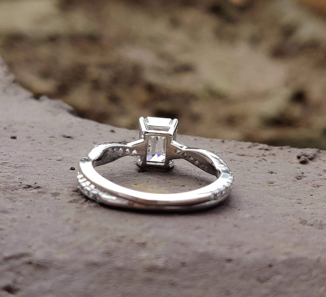 Moissanite Ring - Dazzling Emerald Cut Engagement Ring with Rope Band