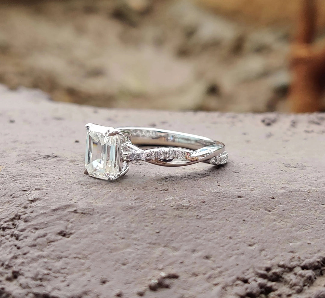 Moissanite Ring - Dazzling Emerald Cut Engagement Ring with Rope Band