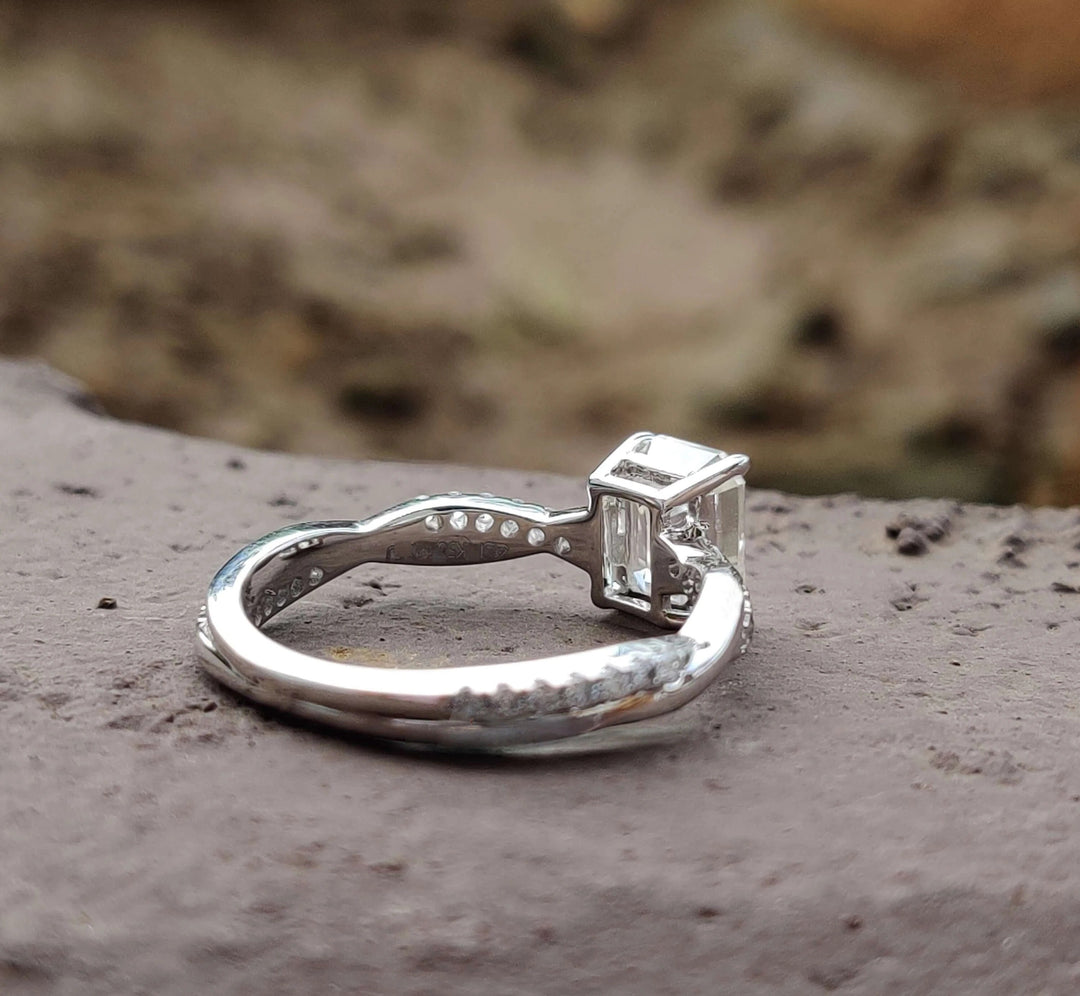 Moissanite Ring - Dazzling Emerald Cut Engagement Ring with Rope Band