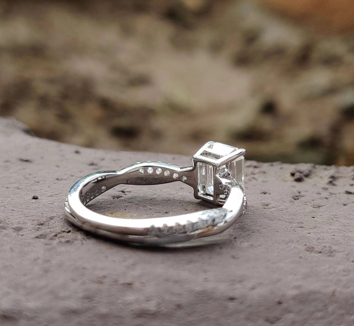 Moissanite Ring - Dazzling Emerald Cut Engagement Ring with Rope Band