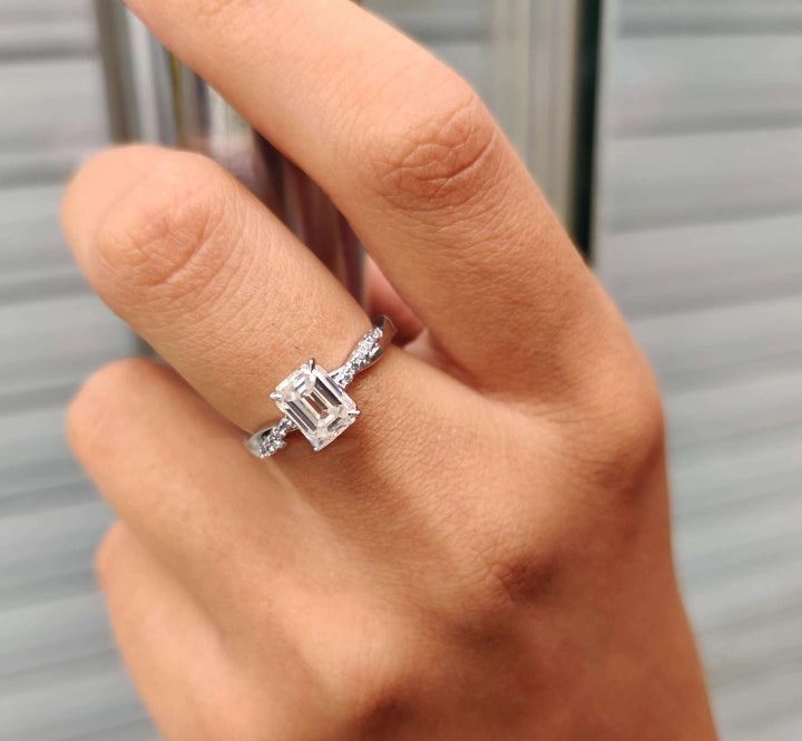 Moissanite Ring - Dazzling Emerald Cut Engagement Ring with Rope Band