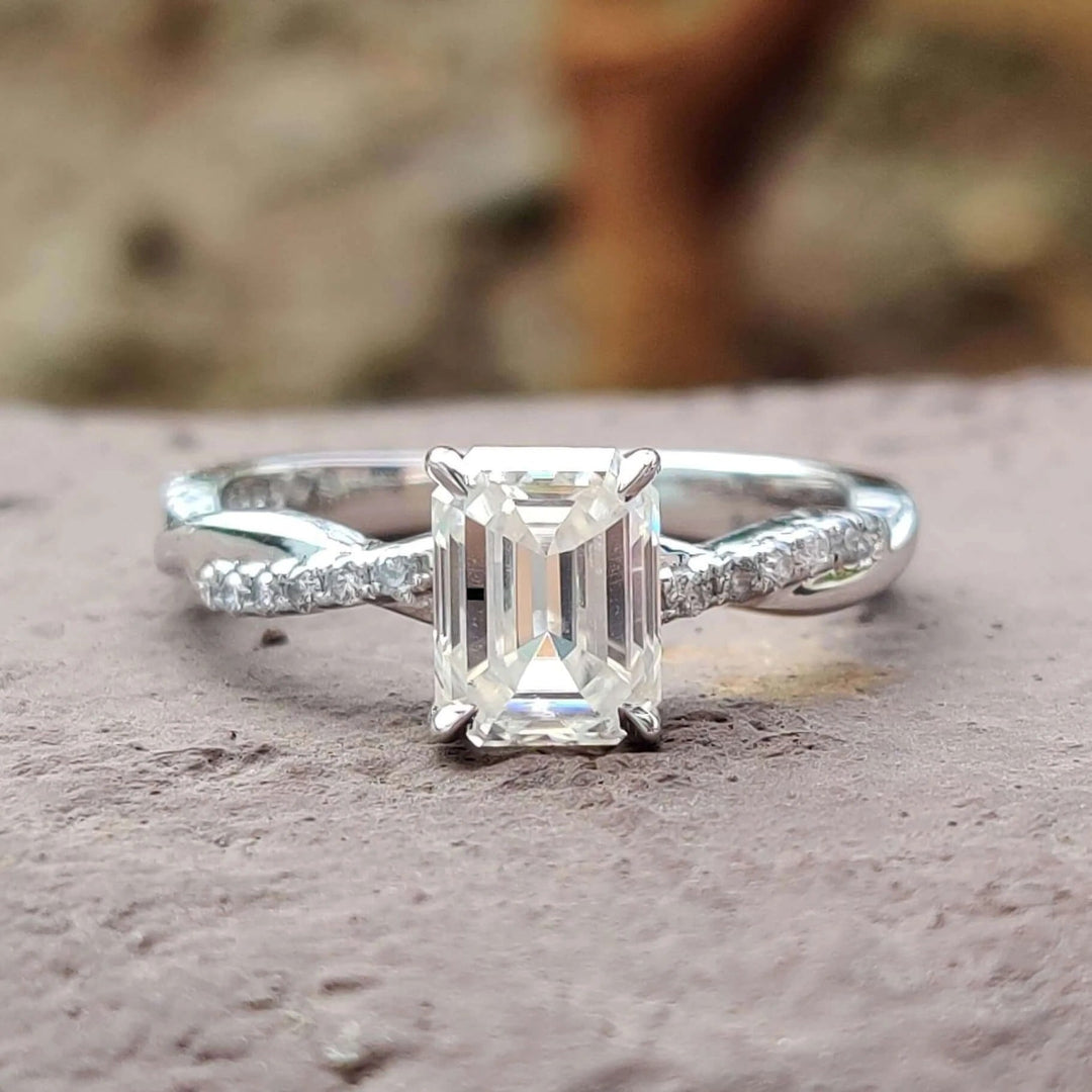 Moissanite Ring - Dazzling Emerald Cut Engagement Ring with Rope Band