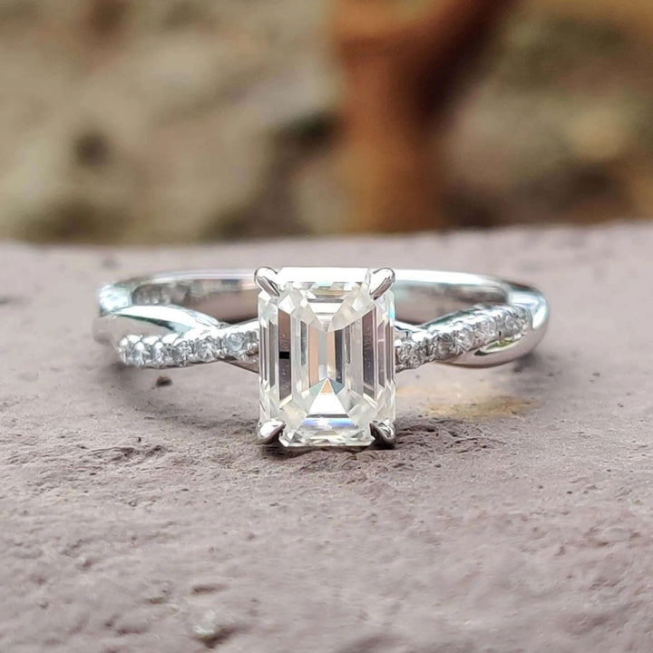 Moissanite Ring - Dazzling Emerald Cut Engagement Ring with Rope Band
