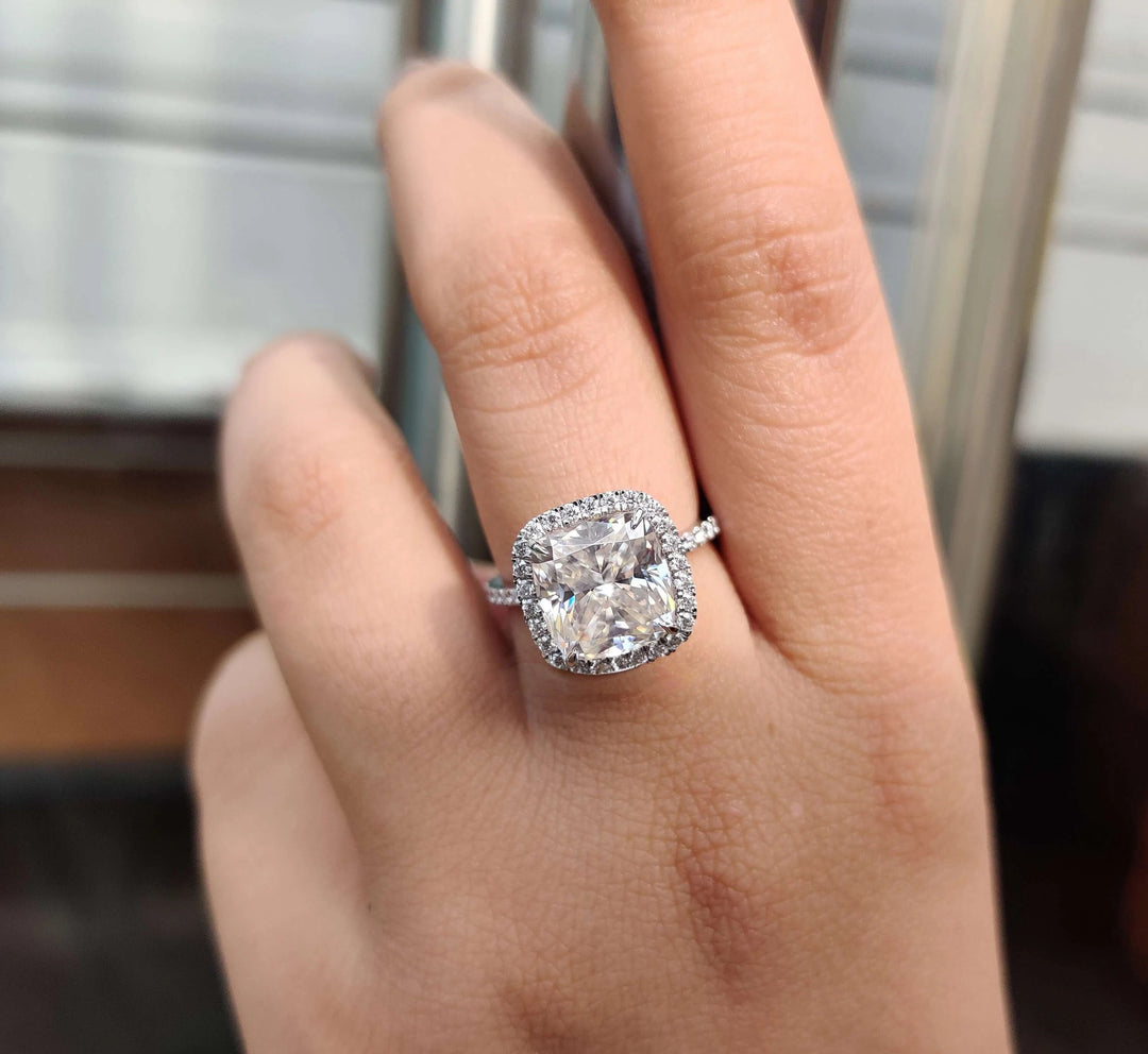 Moissanite Ring - Stunning Halo Engagement Ring with Cushion Center