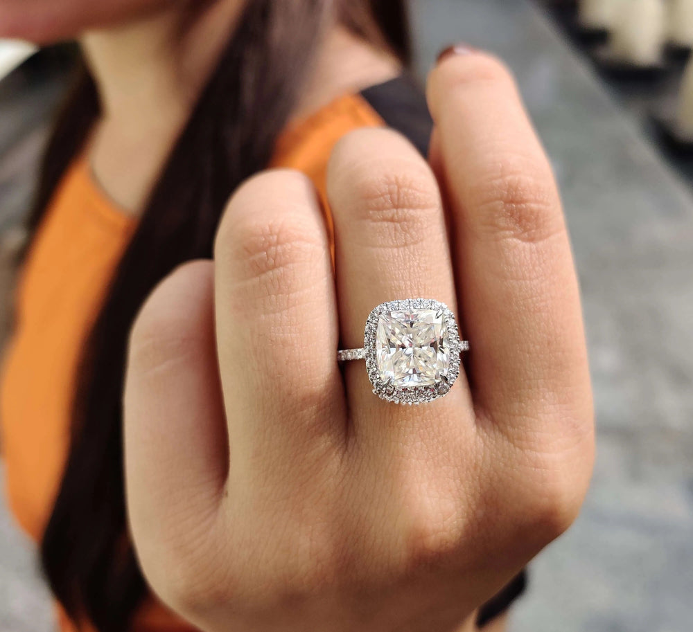 Moissanite Ring - Stunning Halo Engagement Ring with Cushion Center