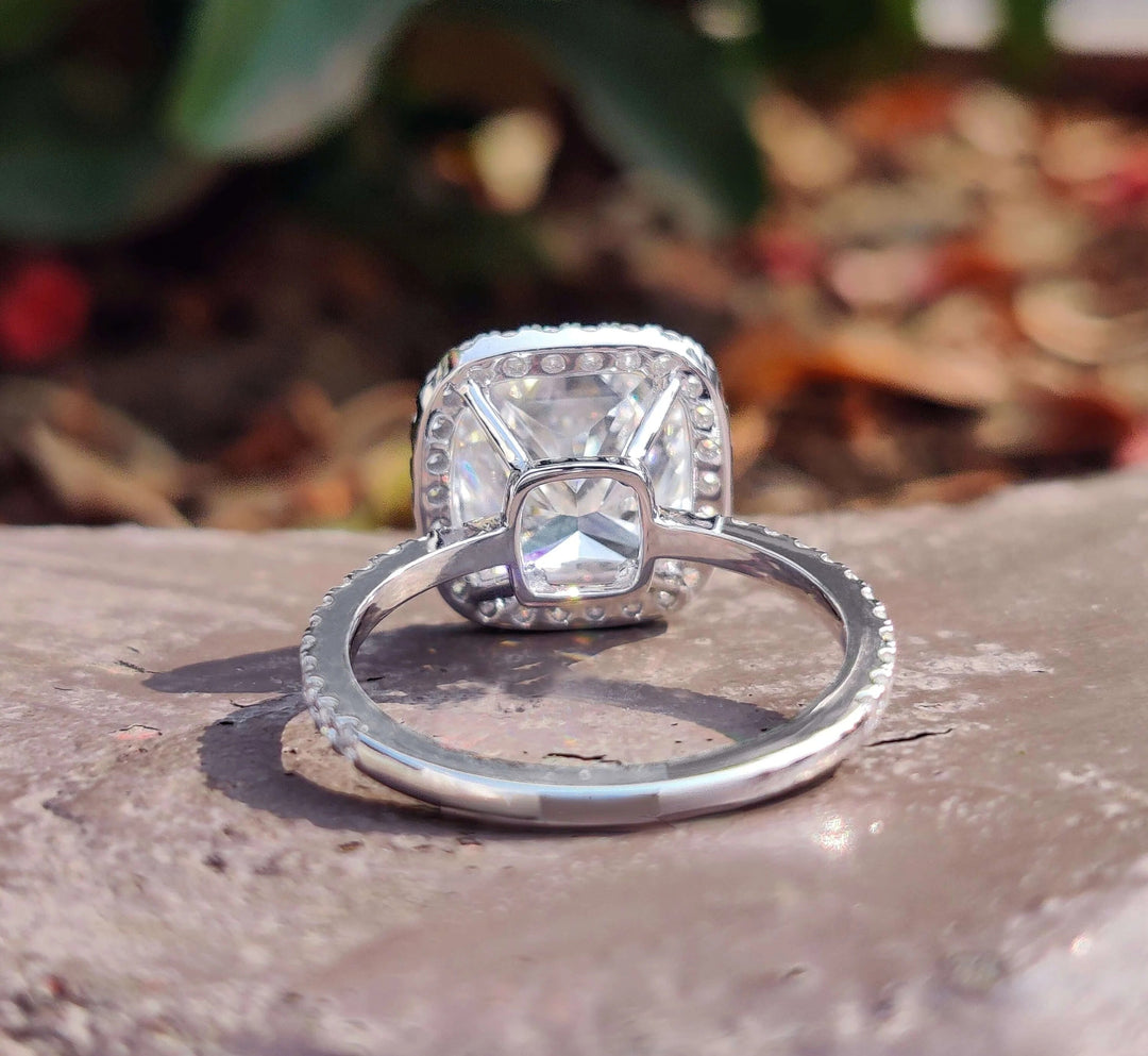 Moissanite Ring - Stunning Halo Engagement Ring with Cushion Center
