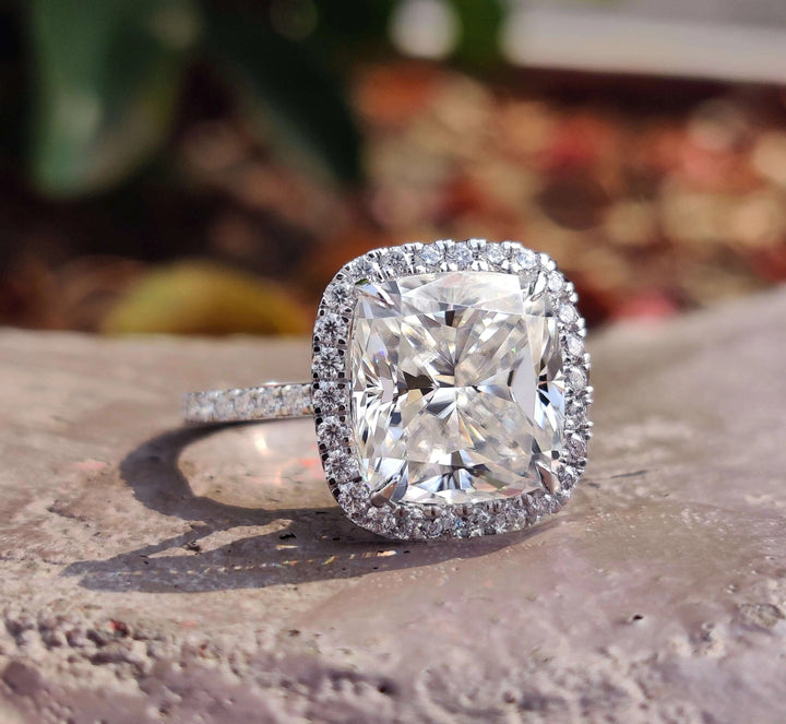 Moissanite Ring - Stunning Halo Engagement Ring with Cushion Center