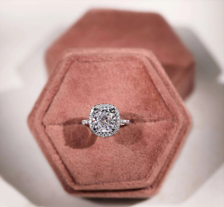 Moissanite Ring - Stunning Halo Engagement Ring with Cushion Center