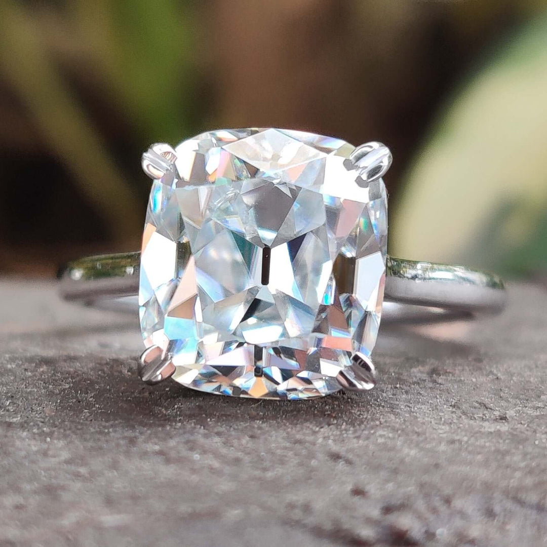Moissanite Ring - Elegant Cushion Cut Hidden Halo Engagement Ring