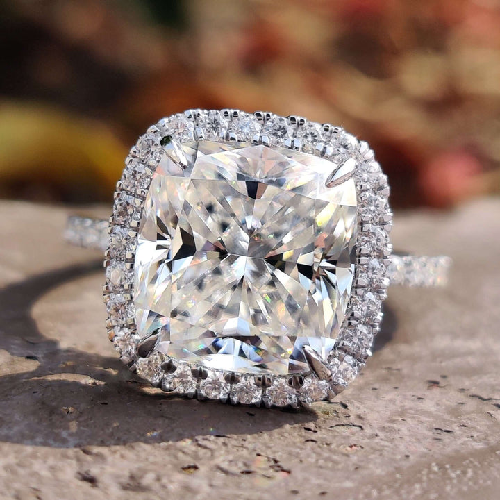 Moissanite Ring - Stunning Halo Engagement Ring with Cushion Center