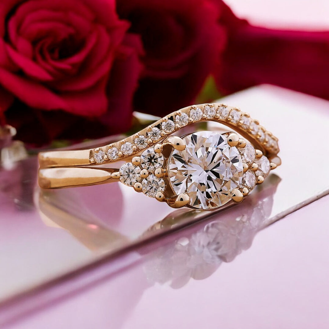 Cincin Berlian Buatan Laboratorium - Set Pengantin Elegan dengan Cincin Kawin Melengkung