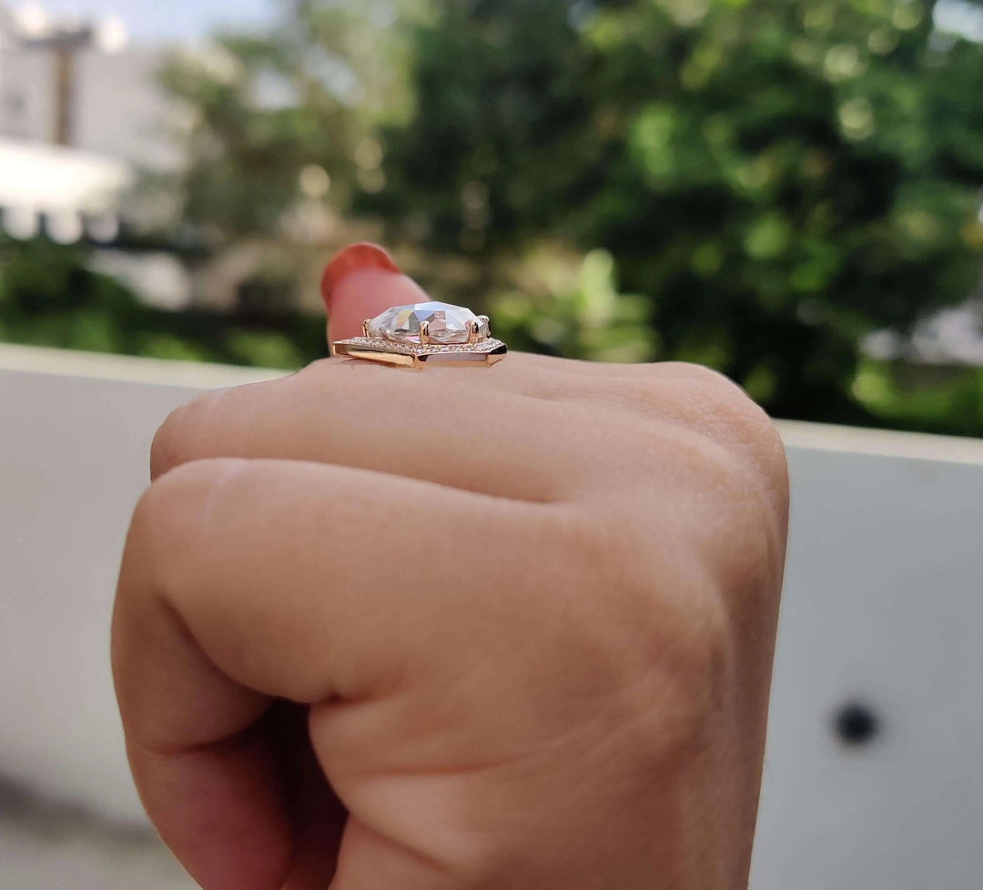 Moissanite Ring – Vintage Pear Cut & Diamond Halo Engagement Band