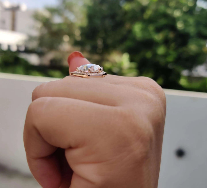 Moissanite Ring – Vintage Pear Cut & Diamond Halo Engagement Band