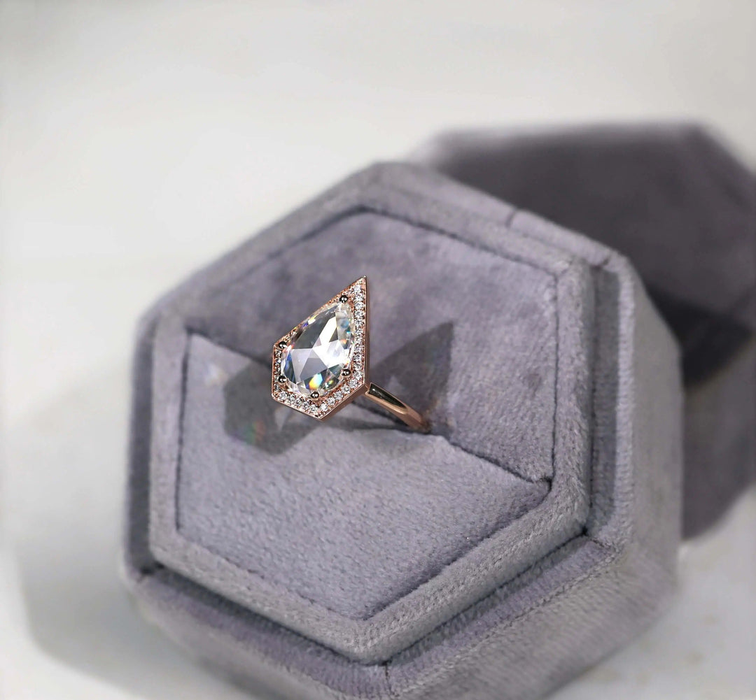 Moissanite Ring – Vintage Pear Cut & Diamond Halo Engagement Band