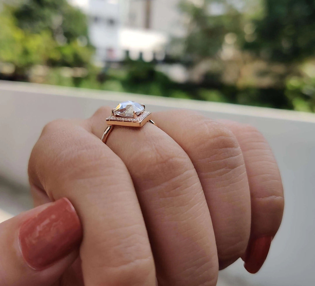 Moissanite Ring – Vintage Pear Cut & Diamond Halo Engagement Band