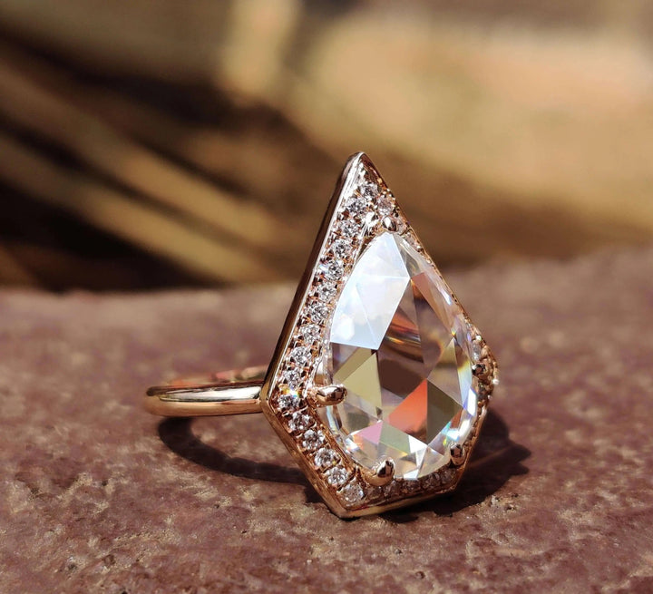 Moissanite Ring – Vintage Pear Cut & Diamond Halo Engagement Band