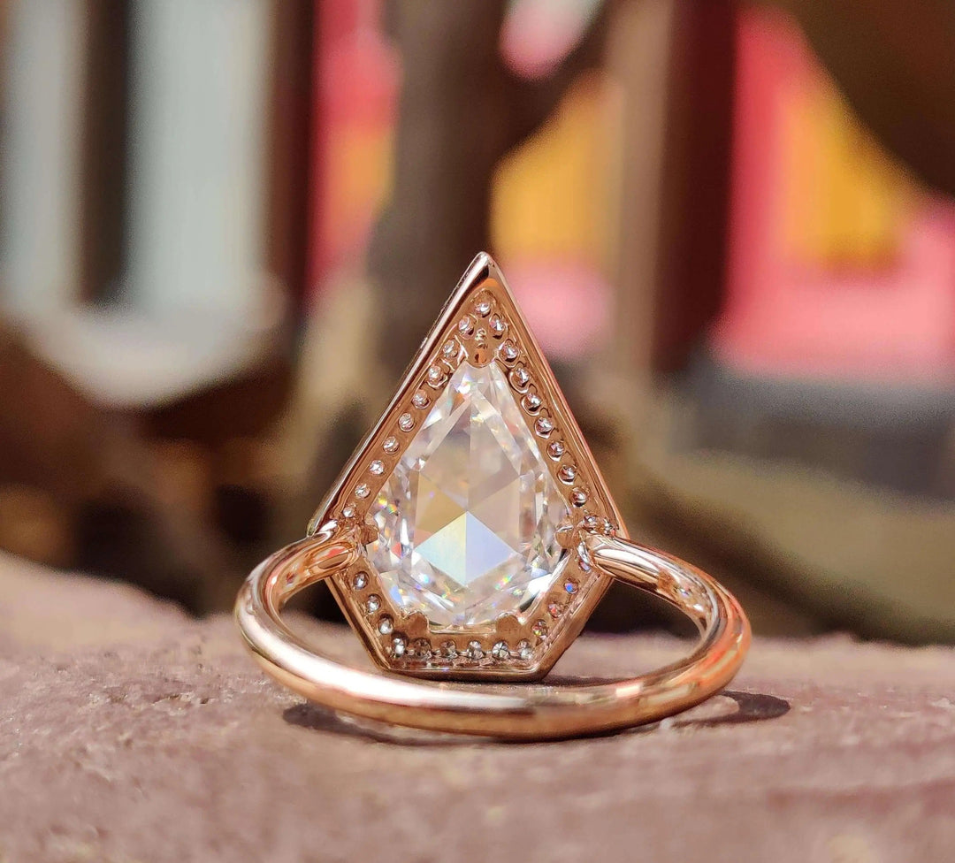 Moissanite Ring – Vintage Pear Cut & Diamond Halo Engagement Band