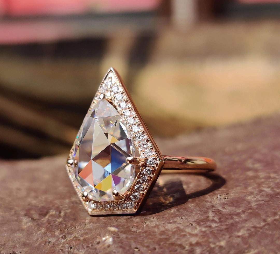 Moissanite Ring – Vintage Pear Cut & Diamond Halo Engagement Band
