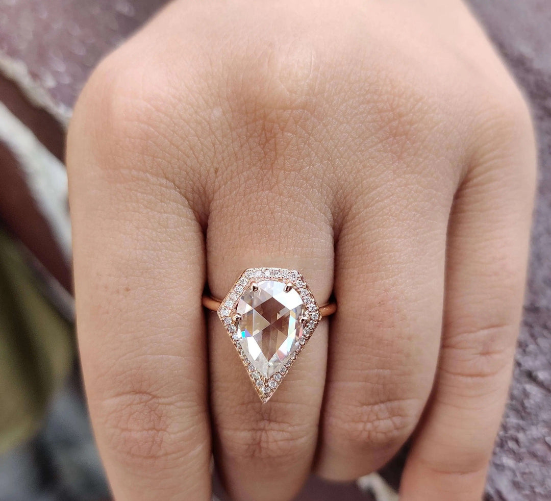 Moissanite Ring – Vintage Pear Cut & Diamond Halo Engagement Band