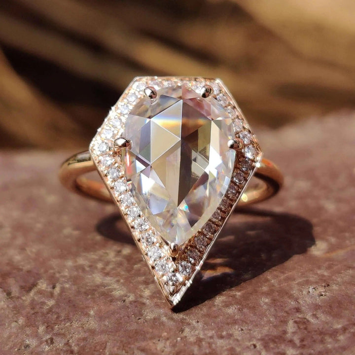 Moissanite Ring – Vintage Pear Cut & Diamond Halo Engagement Band