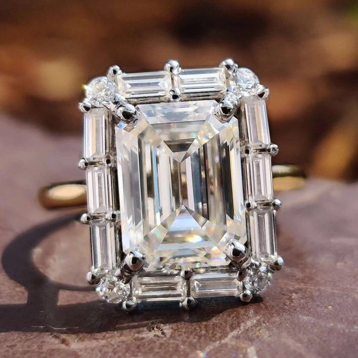 Moissanite Ring – Vintage Emerald Cut & Cathedral Engagement Band