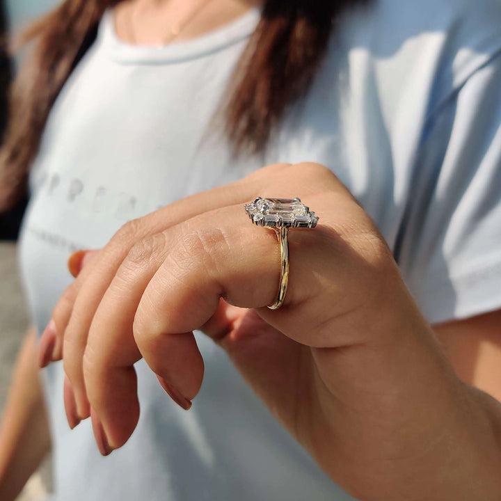 Moissanite Ring – Vintage Emerald Cut & Cathedral Engagement Band