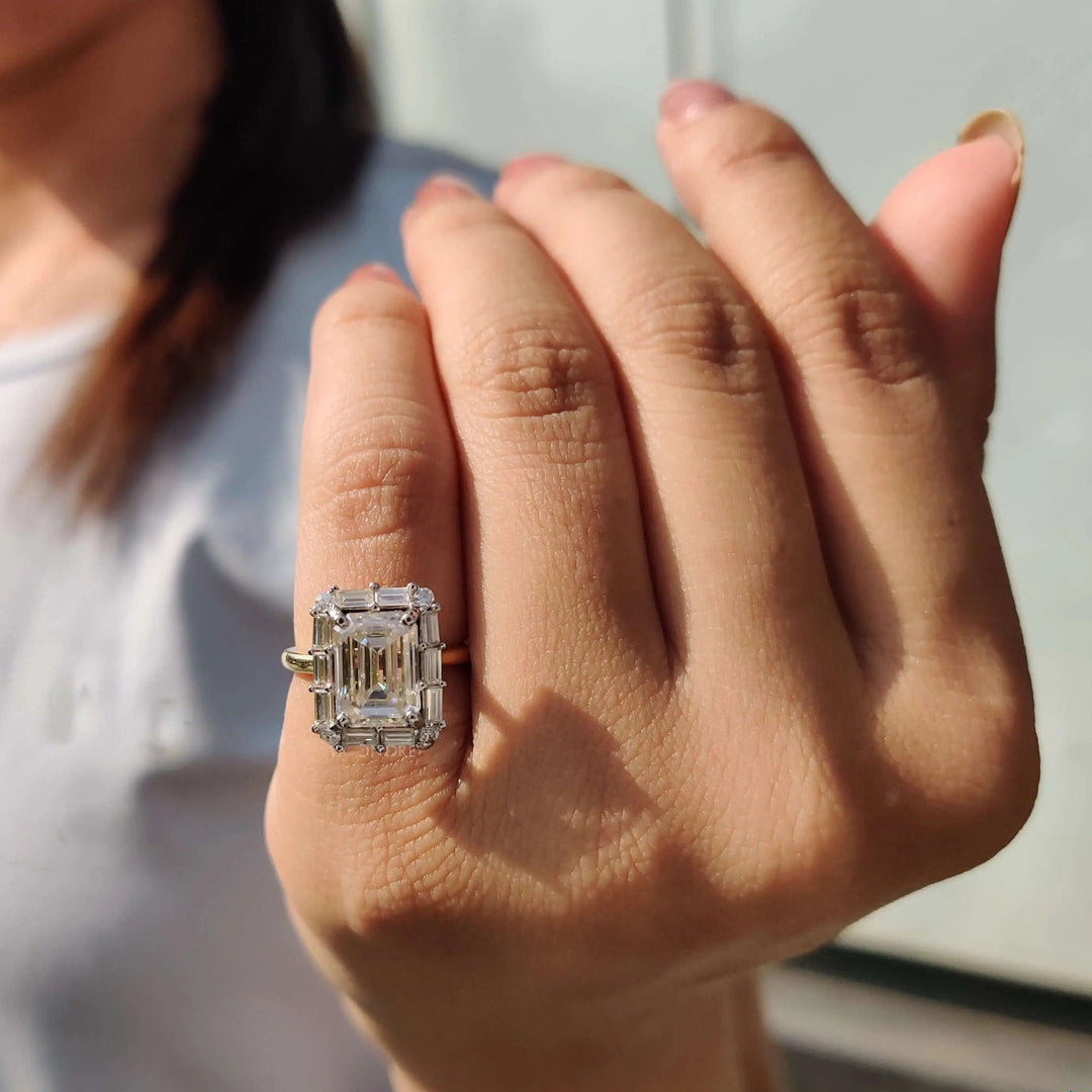 Moissanite Ring – Vintage Emerald Cut & Cathedral Engagement Band