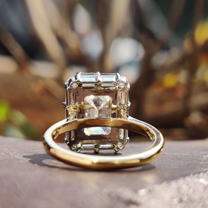 Moissanite Ring – Vintage Emerald Cut & Cathedral Engagement Band