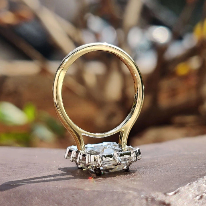 Moissanite Ring – Vintage Emerald Cut & Cathedral Engagement Band