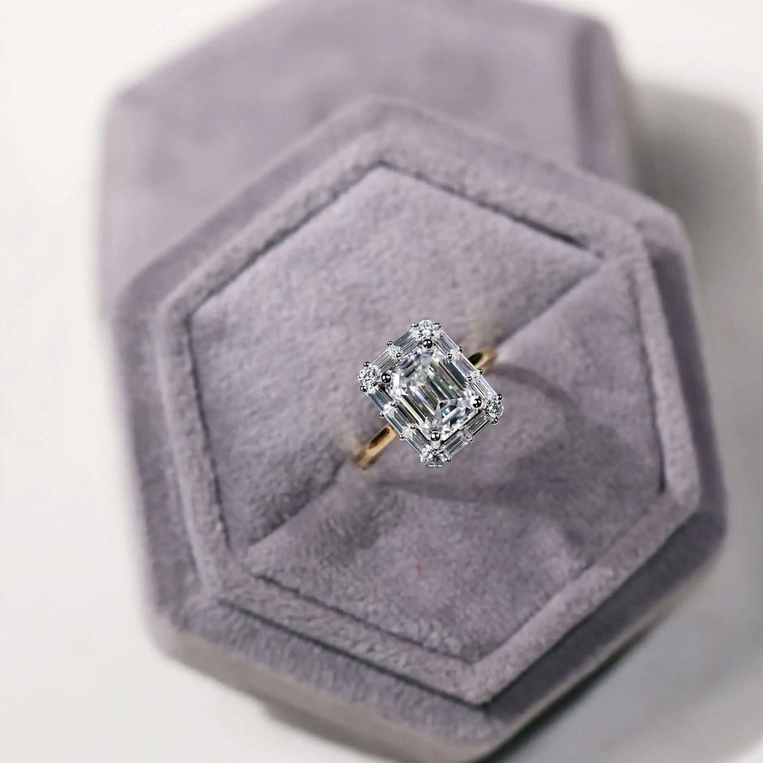 Moissanite Ring – Vintage Emerald Cut & Cathedral Engagement Band