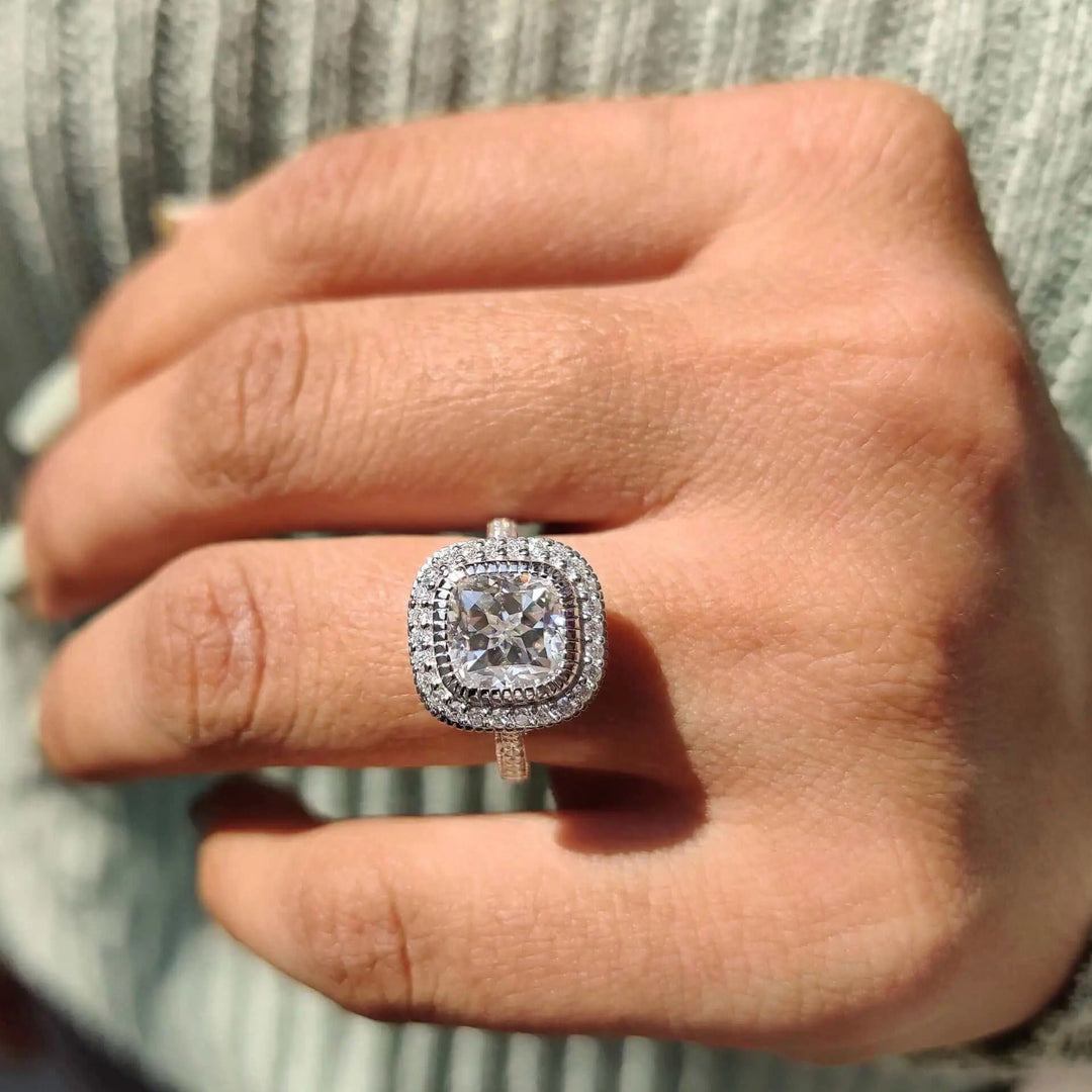 Cushion Cut Moissanite Halo Engagement Ring