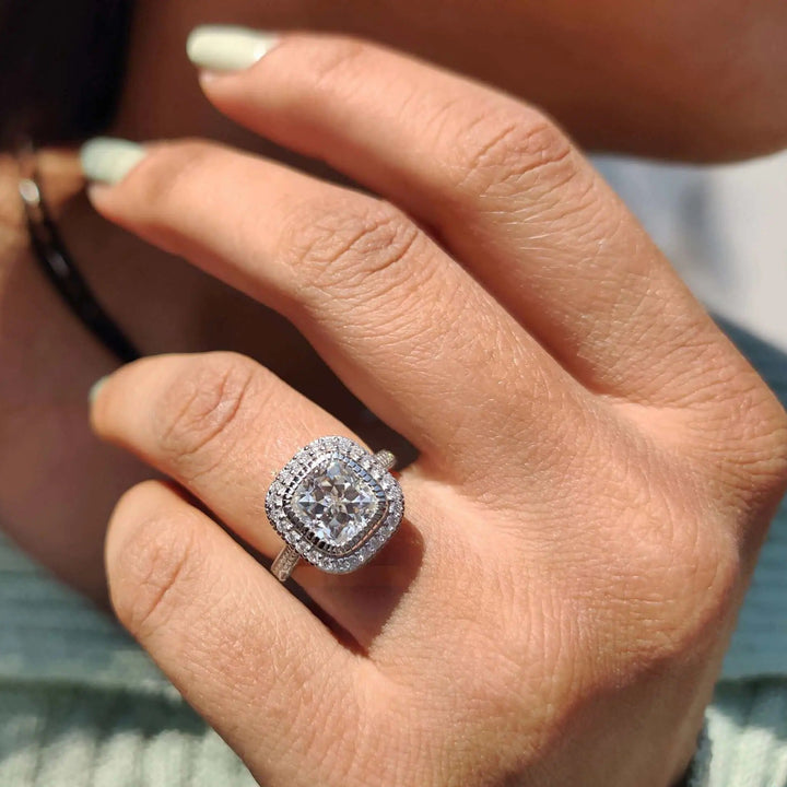 Cushion Cut Moissanite Halo Engagement Ring
