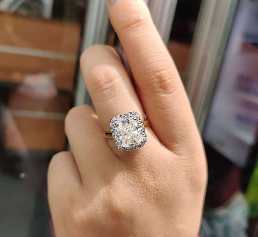 Radiant Cut Moissanite Halo Engagement Ring