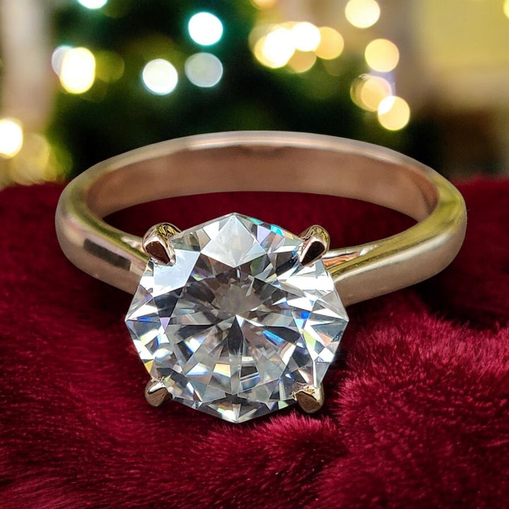 Moissanite Ring – Octagon Cut Engagement Band with Rose Gold Setting